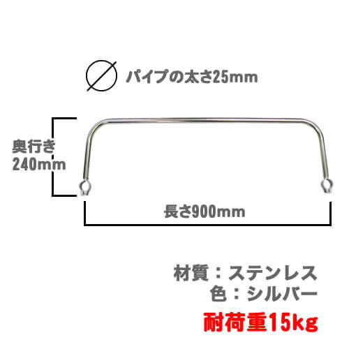 寸法図。つっぱりポールを使用した壁掛けテレビ風設置の「ヒガシポールシステム」のオプションです。　U型連結ハンガーパイプ