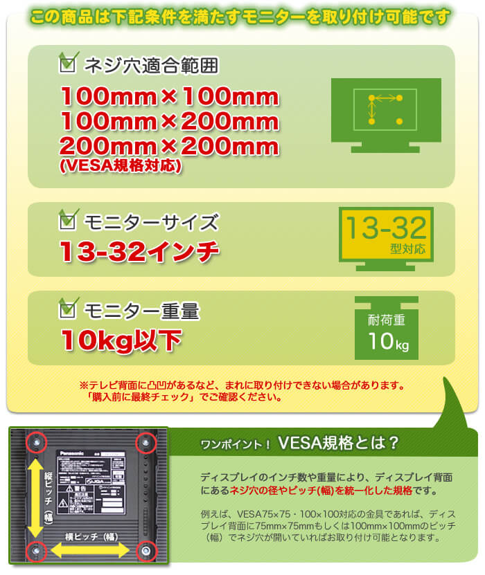 この壁掛けテレビ金具は、下記条件を満たすテレビを設置可能です。テレビ適合サイズ13～32インチ。テレビ重量10キロ以下