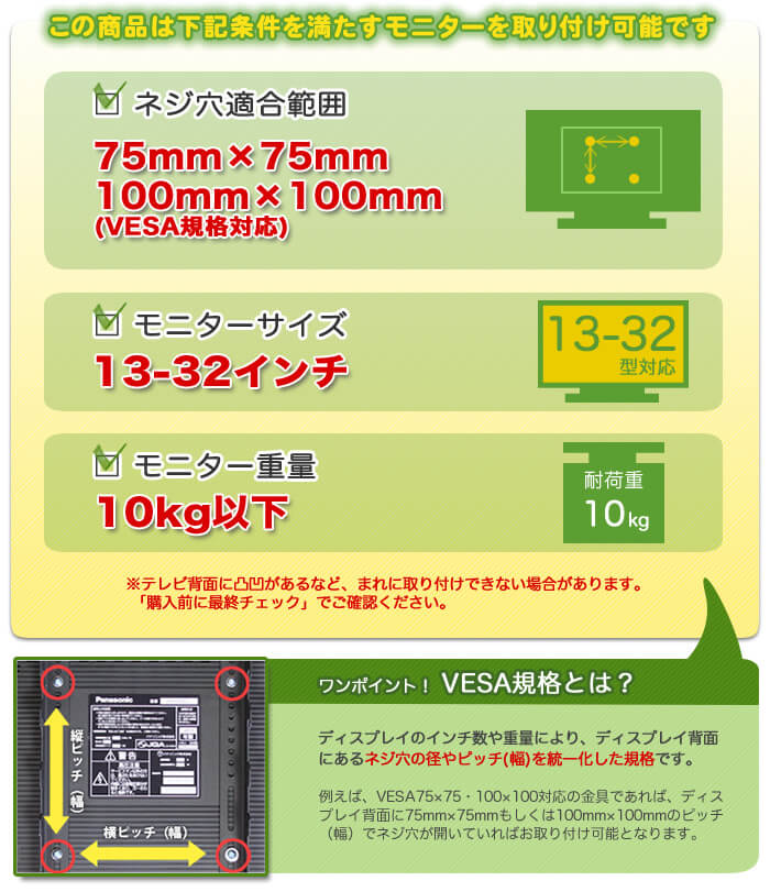 この壁掛けテレビ金具は、下記条件を満たすテレビを設置可能です。テレビ適合サイズ13～32インチ。テレビ重量10キロ以下