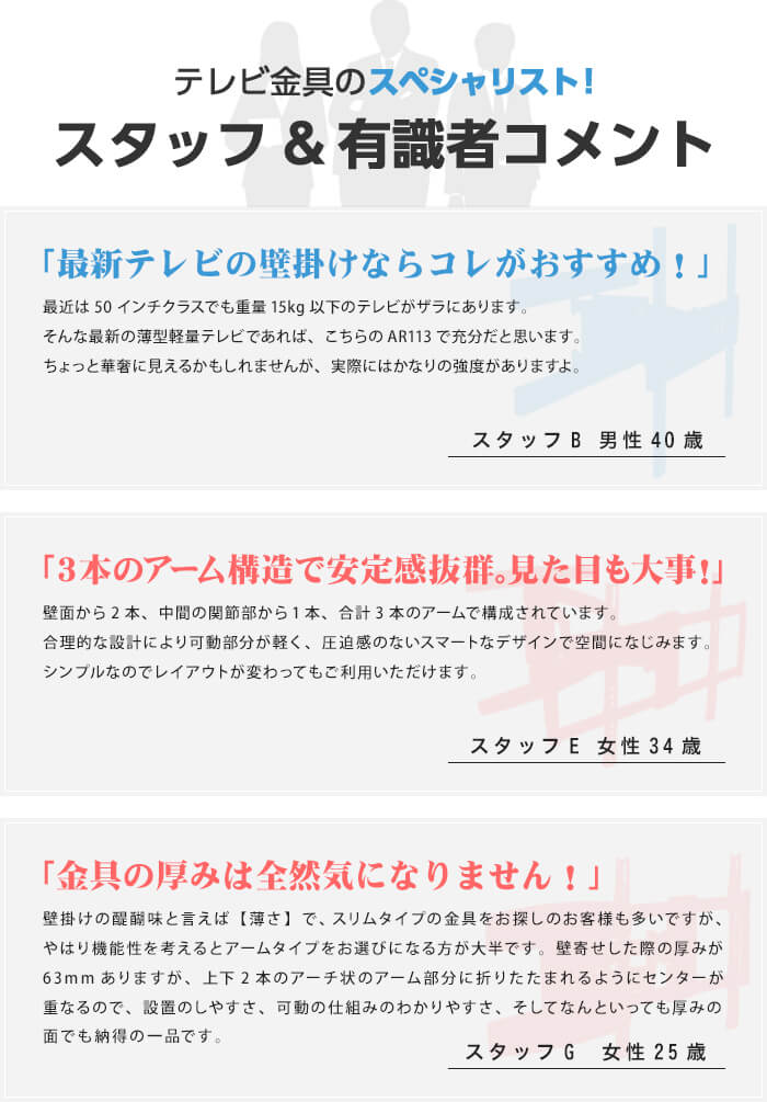 壁掛けテレビ金具を分かったスタッフと有識者コメント集!設置工事や配線処理にも厳しい目!