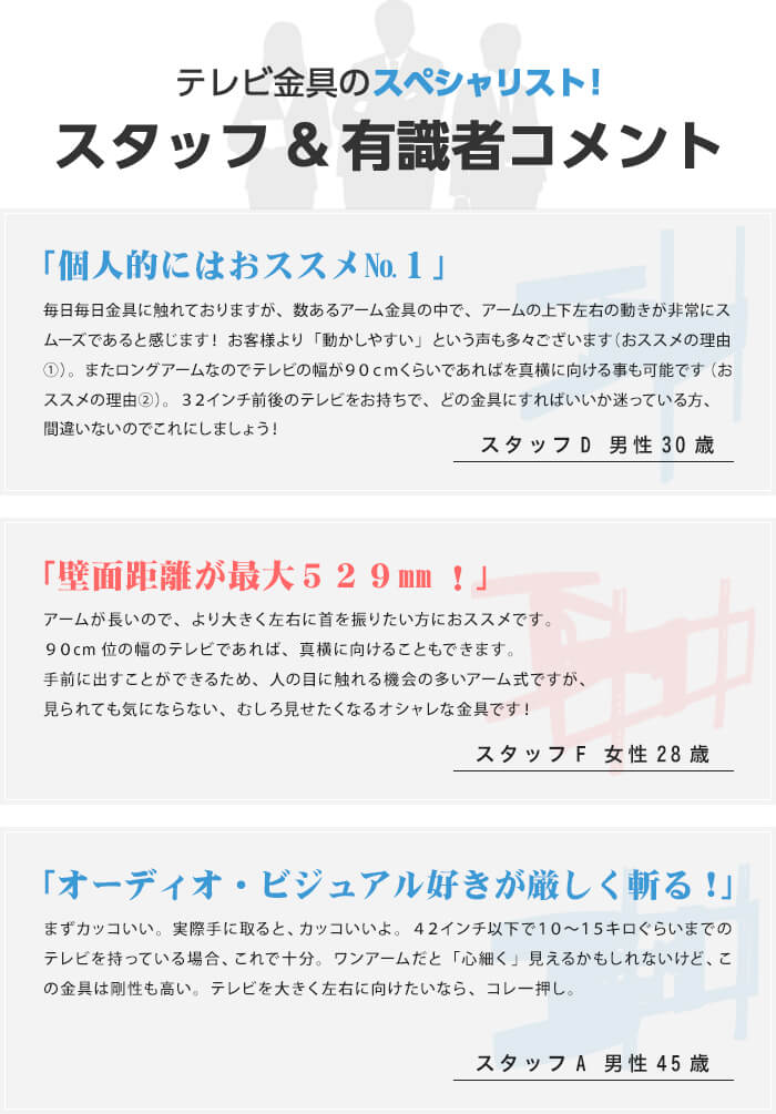 壁掛けテレビ金具を分かったスタッフと有識者コメント集!設置工事や配線処理にも厳しい目!