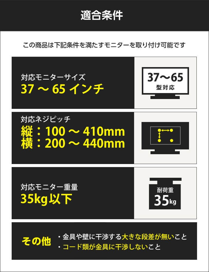 適合条件。この金具は、以下の条件のテレビを壁掛け出来ます。