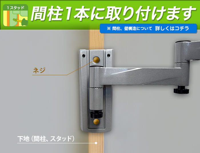 設置工事は、壁裏の間柱1本でOKタイプ!※補強壁の場合は、お好きな位置に設置工事可能です