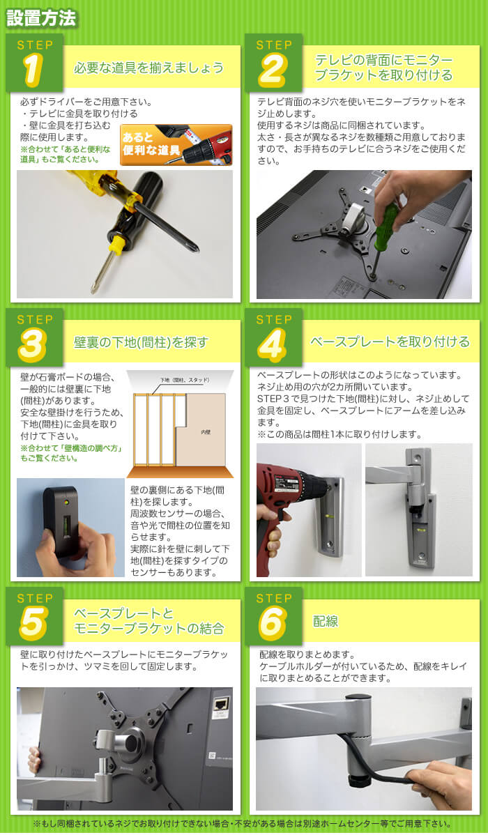 設置方法です。1、必要な道具を揃えましょう。2、テレビの背面に壁掛けテレビ金具のブラケットをネジ止めしましょう。