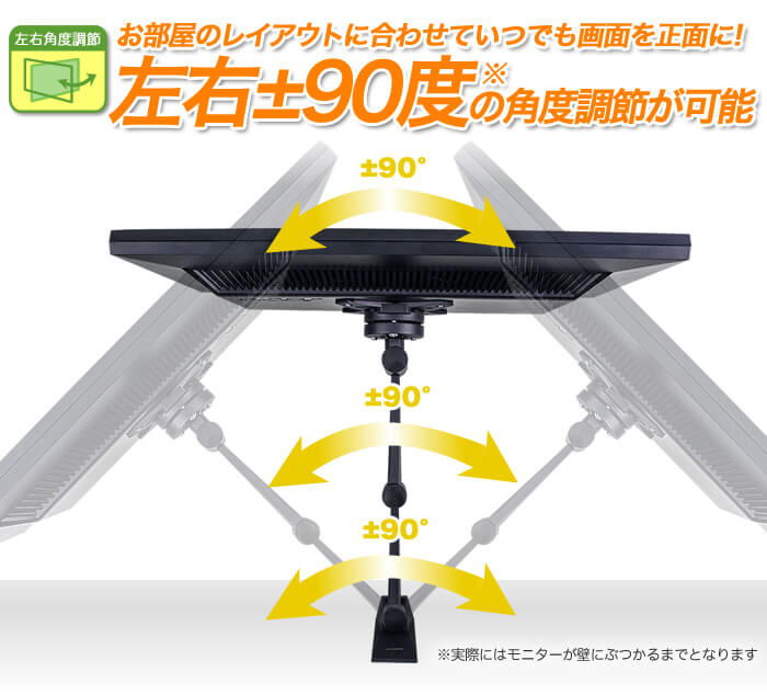 お部屋のレイアウトに合わせて壁掛けテレビ画面を左右に簡単調節。左右±90度の角度調節が可能です