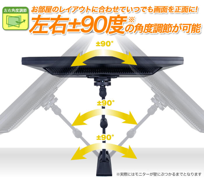 お部屋のレイアウトに合わせて壁掛けテレビ画面を左右に簡単調節。左右±90度の角度調節が可能です