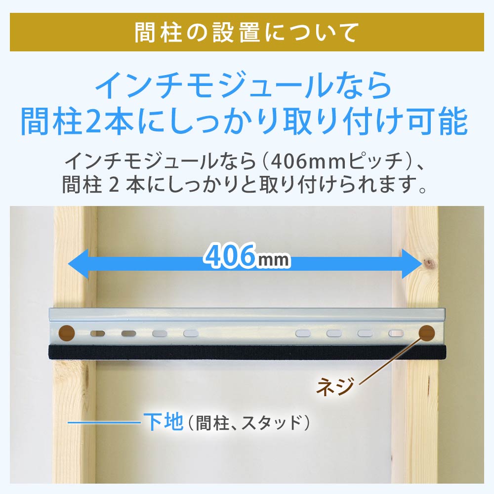 インチモジュールなら間柱2本に取り付け可能