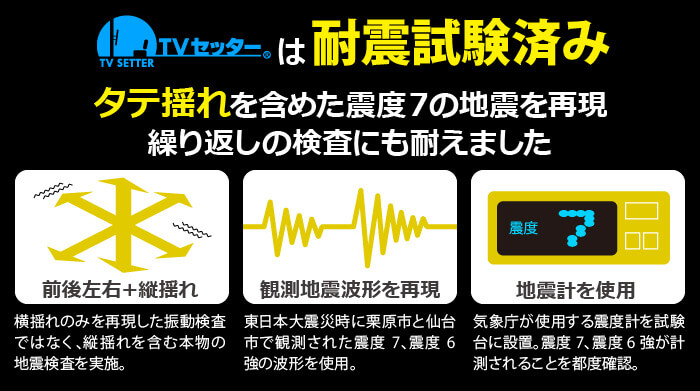 TVセッターは耐震試験済み
タテ揺れを含めた震度7の地震を再現繰り返しの検査にも耐えました