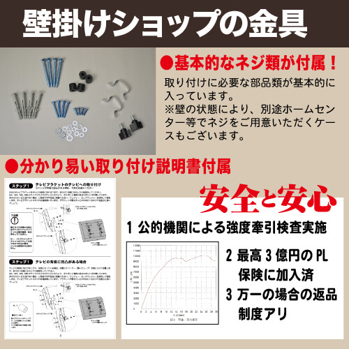 基本的なネジと日本語の説明書が付属。牽引検査も実施した安心の壁掛けテレビ金具です