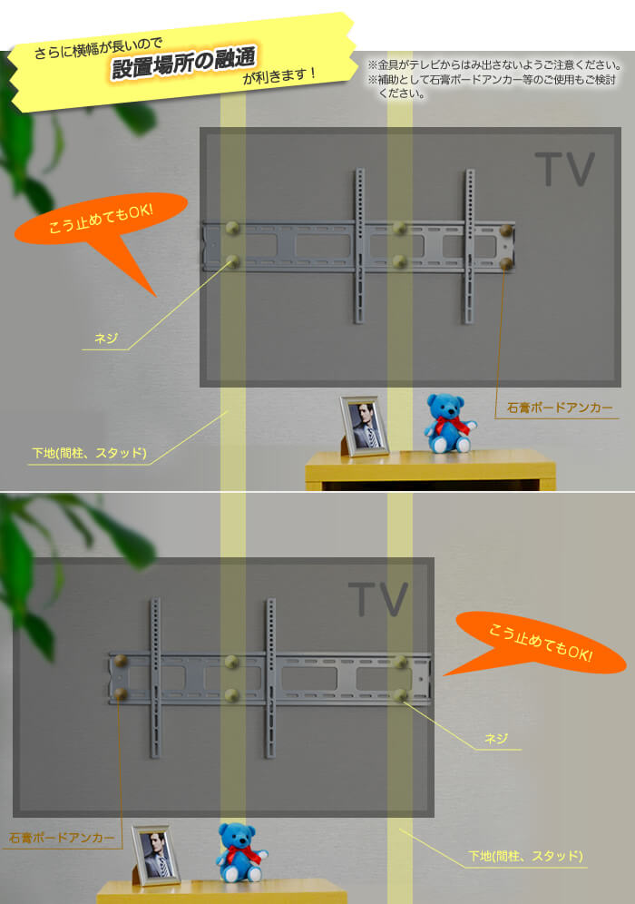 ベースプレートの横幅が広いので、設置後にテレビ壁掛け位置の融通が利く便利設計です