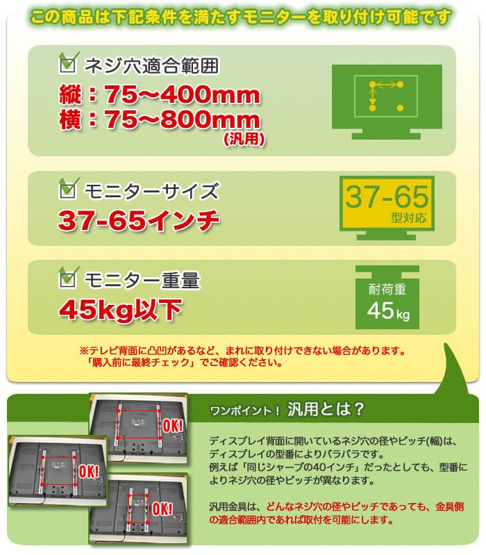 この壁掛けテレビ金具は、下記条件を満たすテレビを設置可能です。テレビ適合サイズ37～65インチ。テレビ重量45キロ以下