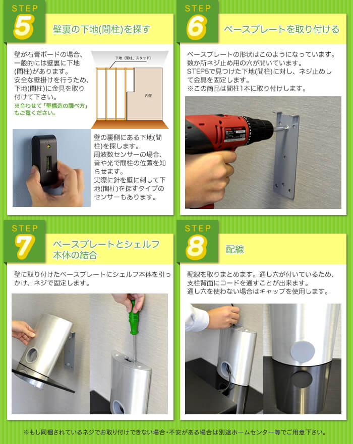 壁掛けテレビ周辺機器用シェルフ。設置工事方法。配線処理も考えられた金具です。